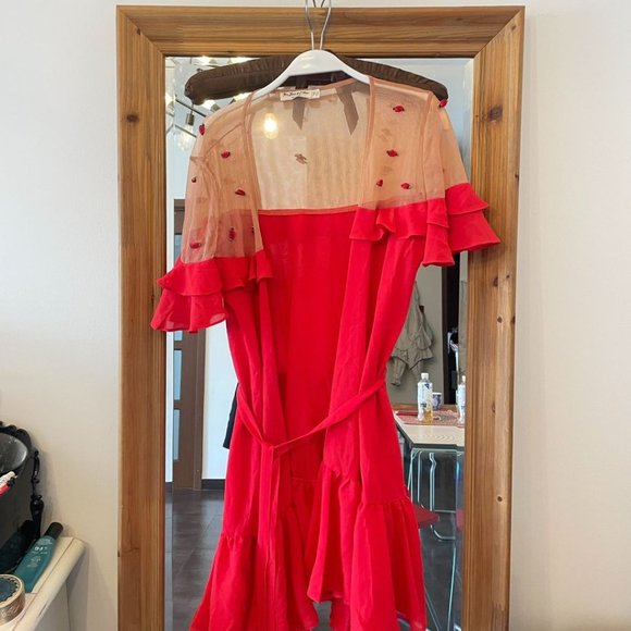 RARE！For Love & Lemons Red Mesh Shoulders Rosettes Wrap Mini Dress - Picture 1 of 1